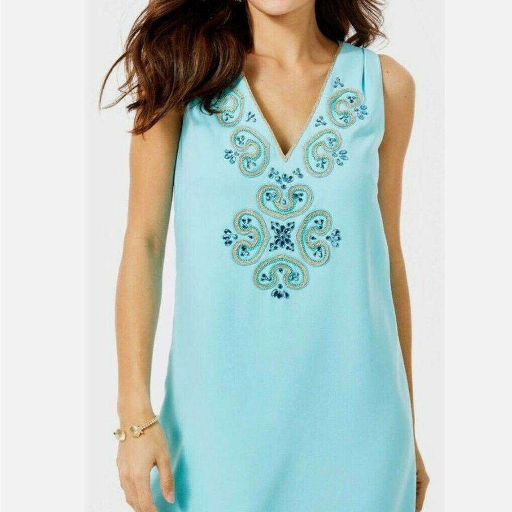Lilly Pulitzer Penelope Blue Ibiza Embellished Shift Dress.